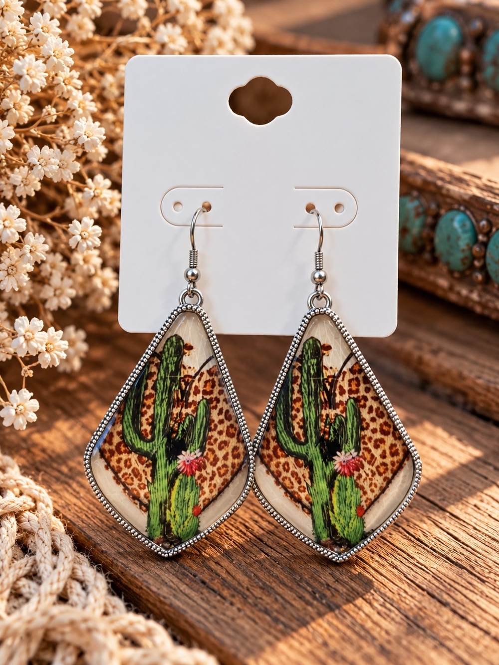 Western Cactus & Leopard Print Dangle Earrings